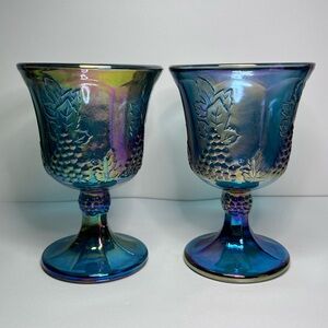 Pair Indiana Carnival Glass Iridescent Blue Harvest Grape Tumbler Goblet